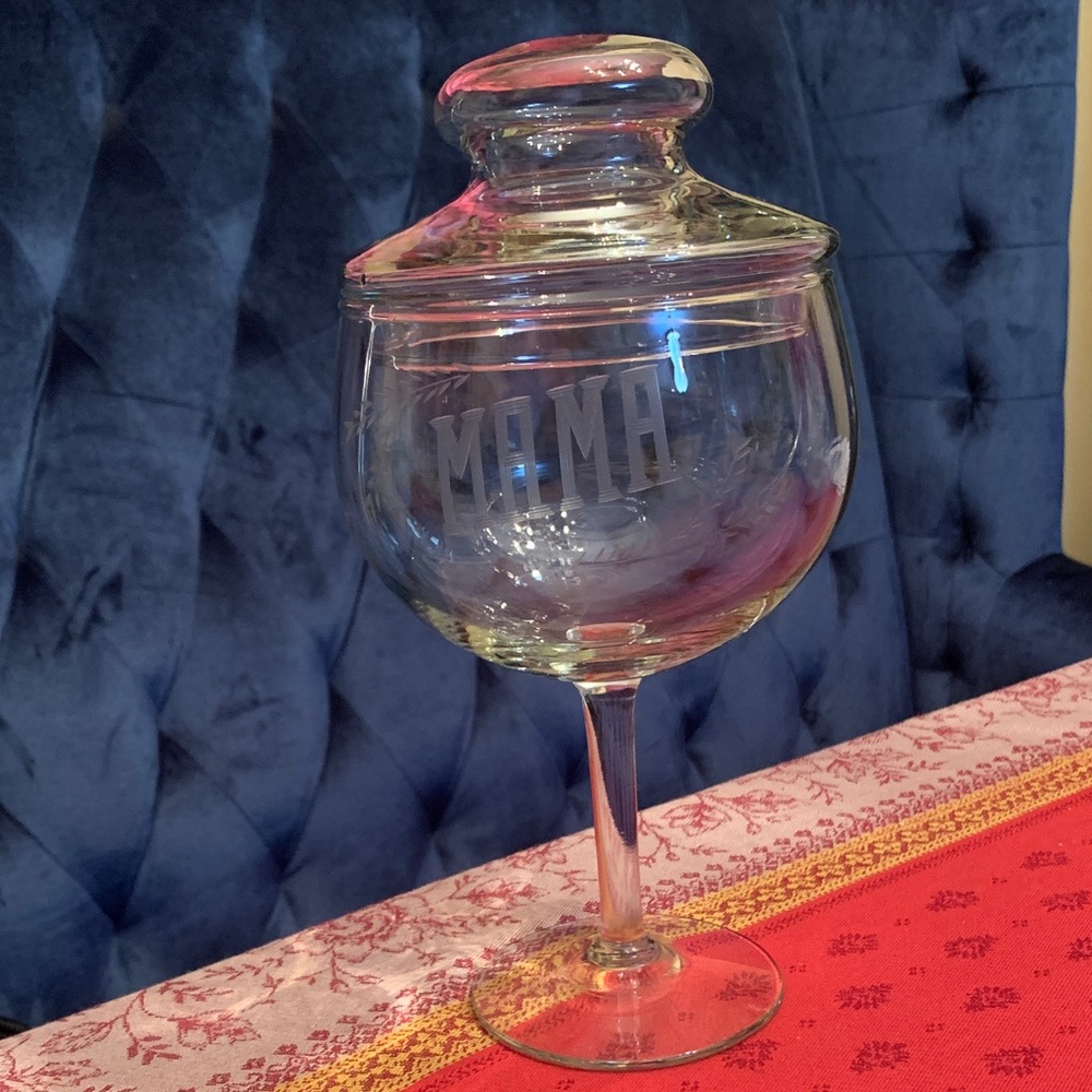 “Mama” etched glass apothecary jar